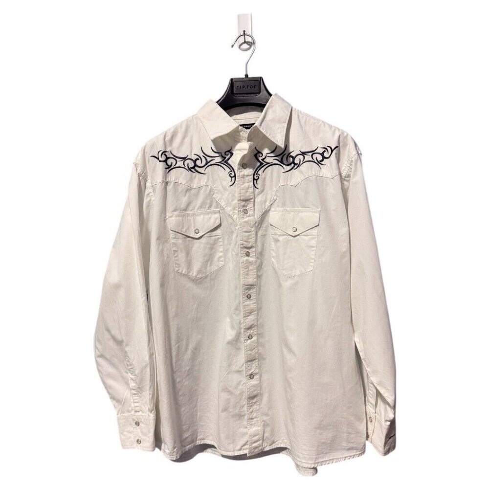 Authentic Western Shirt Wrangler Pearl Snap Button Embroidered White Shirt XXL